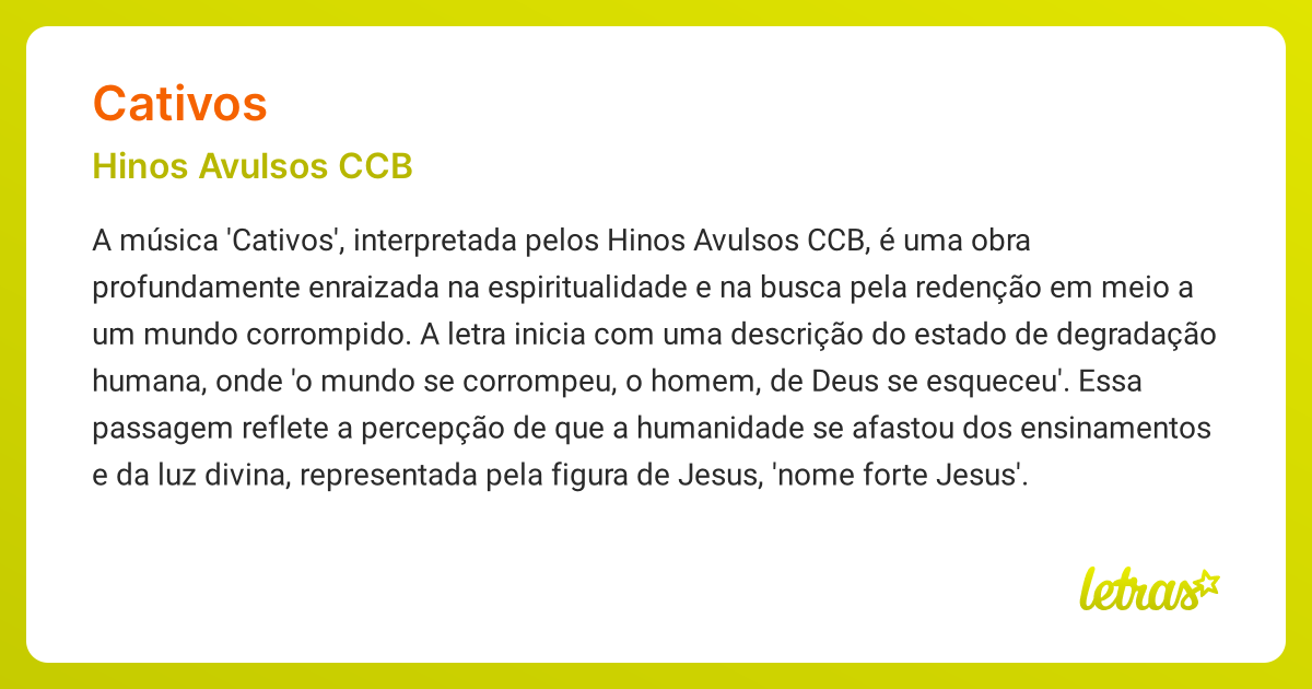 Significado da música CATIVOS (Hinos Avulsos CCB) - LETRAS.MUS.BR