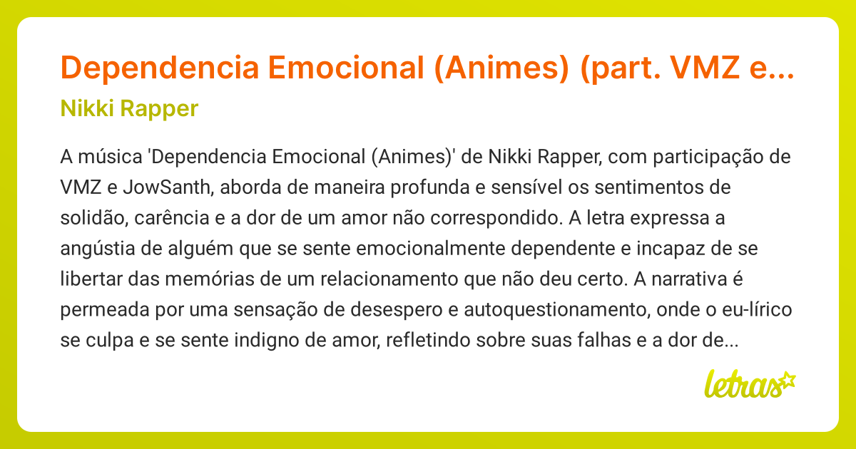 Significado da música Dependencia Emocional (Animes) (part. VMZ e ...