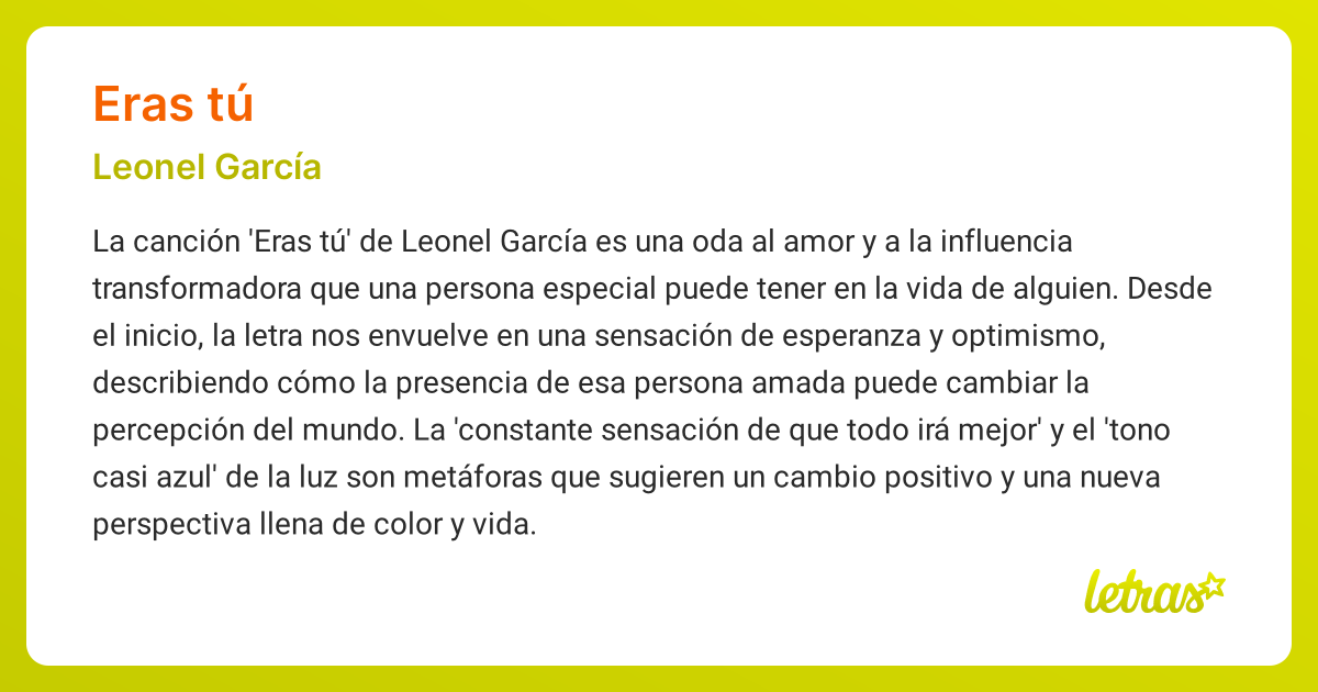Significado de la canción ERAS TÚ (Leonel García) - LETRAS.COM
