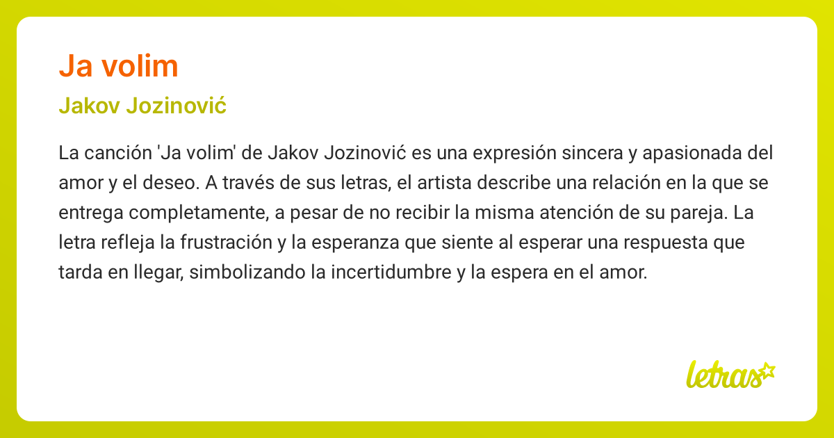 Significado de la canción JA VOLIM (Jakov Jozinović) - LETRAS.COM