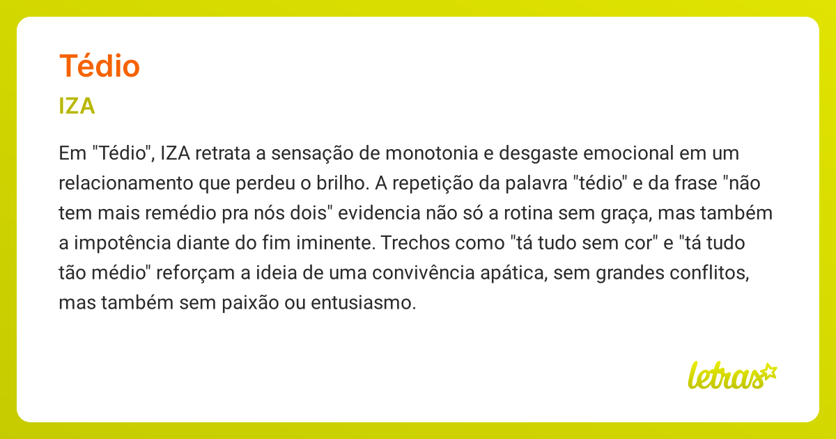 Significado da música TÉDIO (IZA) - LETRAS.MUS.BR