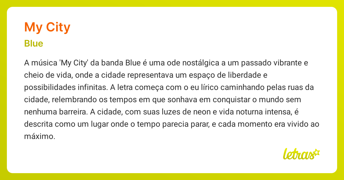 Significado da música MY CITY (Blue) - LETRAS.MUS.BR