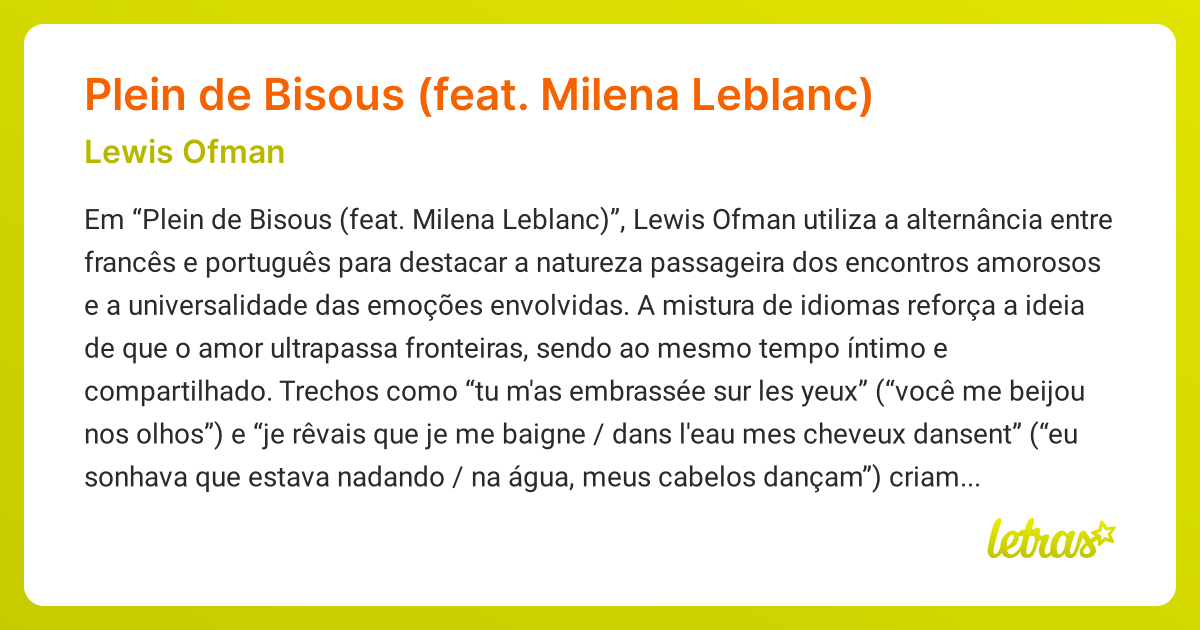 Significado da música Plein de Bisous (feat. Milena Leblanc) (Lewis ...
