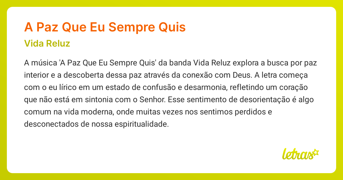 Significado da música A PAZ QUE EU SEMPRE QUIS (Vida Reluz) - LETRAS.MUS.BR