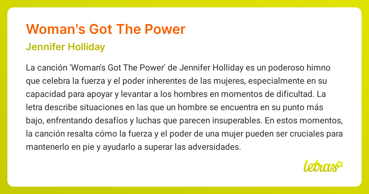 Significado de la canción WOMAN'S GOT THE POWER (Jennifer Holliday ...