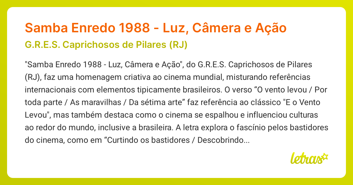 Significado da música Samba Enredo 1988 - Luz, Câmera e Ação (G.R.E.S ...