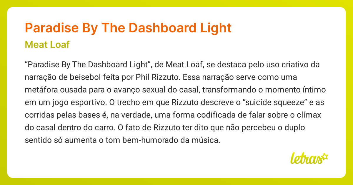 Significado da música Paradise By The Dashboard Light (Meat Loaf