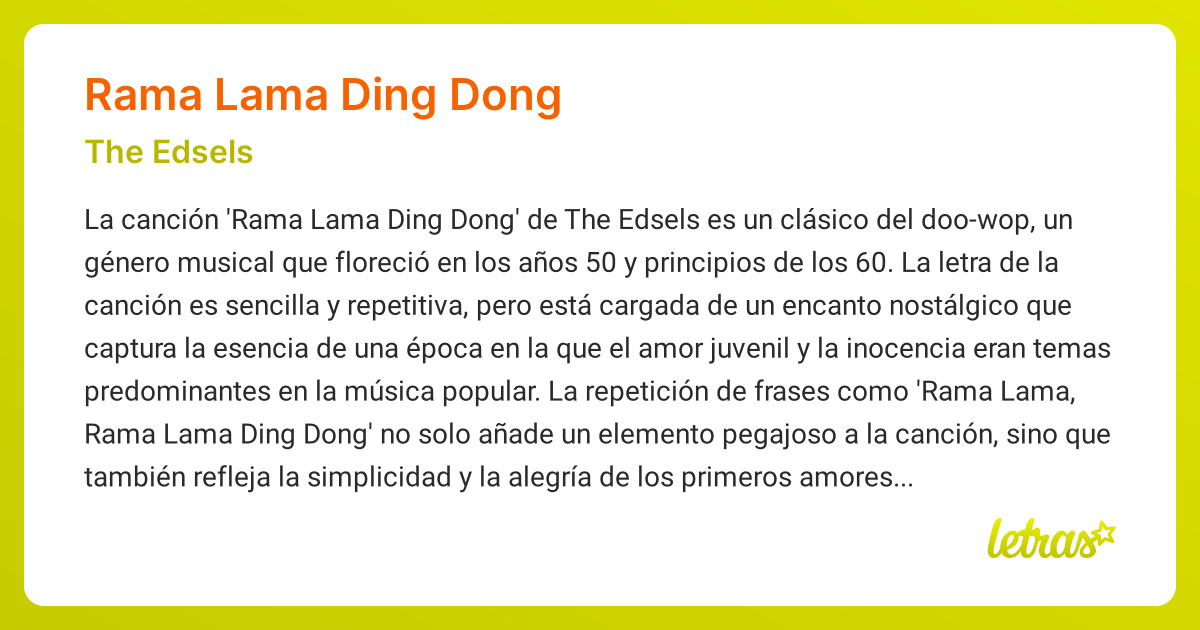 Significado de la canción RAMA LAMA DING DONG (The Edsels) - LETRAS.COM