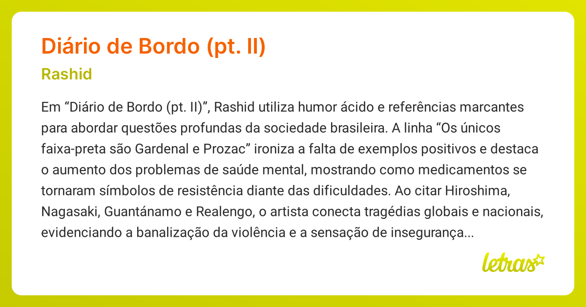 Significado da música DIÁRIO DE BORDO (PT. II) (Rashid) - LETRAS.MUS.BR