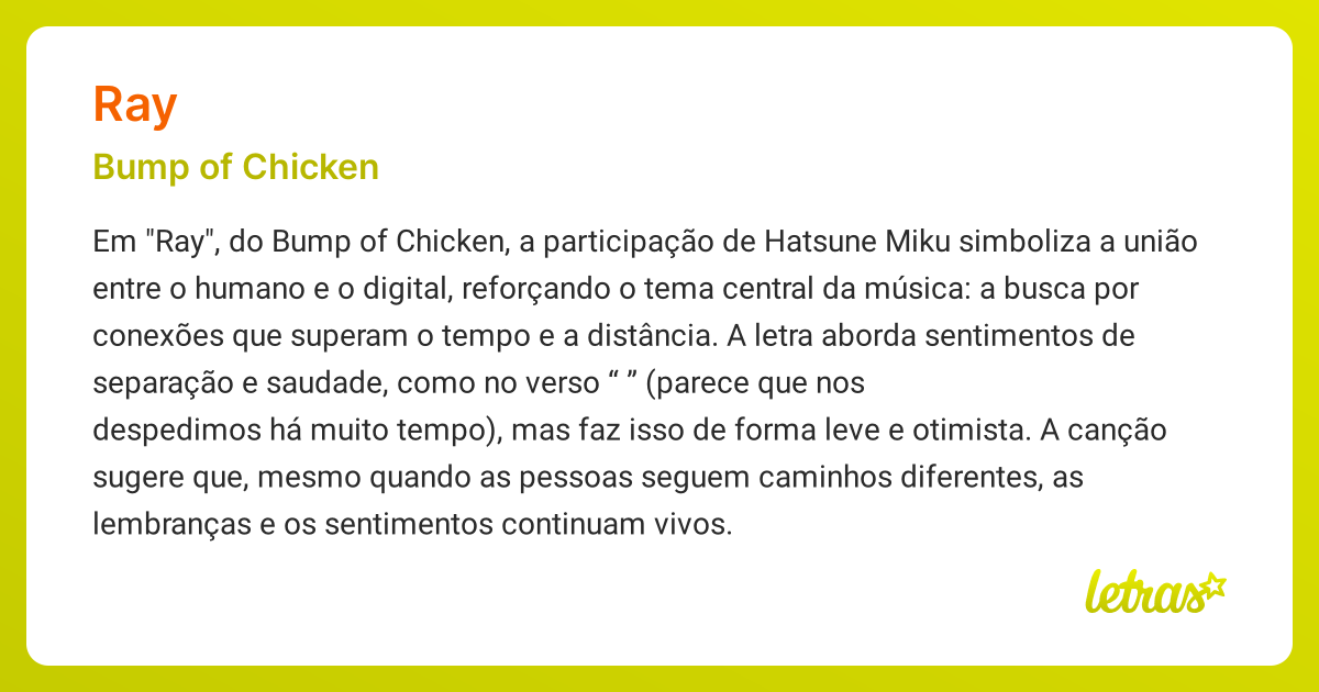 Significado da música RAY (Bump of Chicken) - LETRAS.MUS.BR