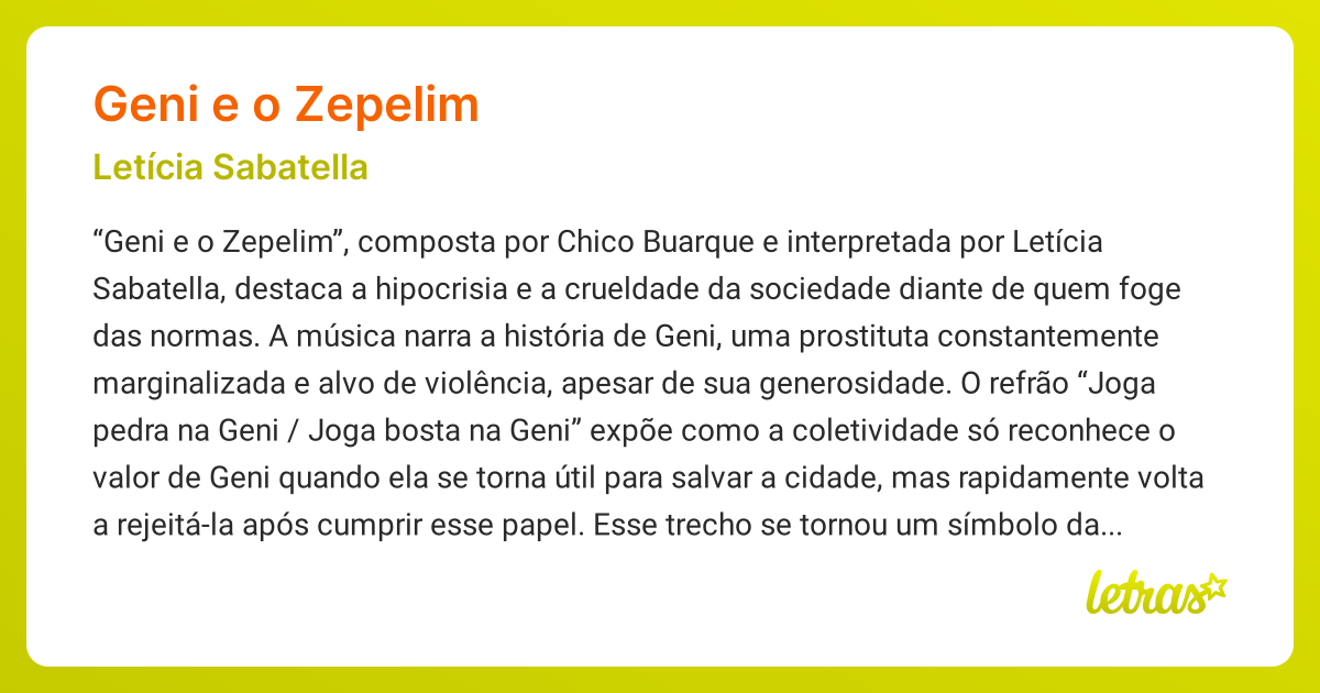 Significado da música GENI E O ZEPELIM (Letícia Sabatella) - LETRAS.MUS.BR