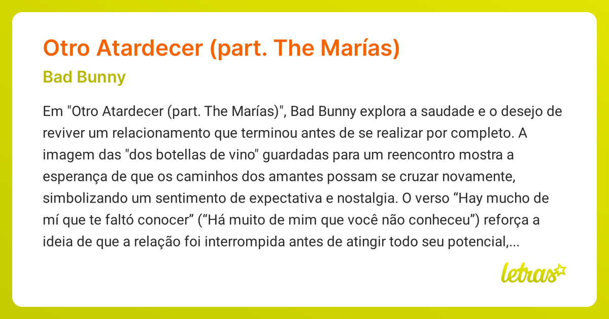 Significado da música Otro Atardecer (part. The Marías) (Bad Bunny
