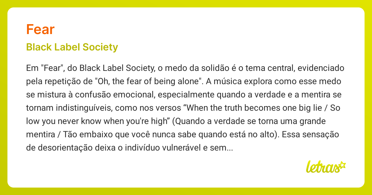 Significado da música FEAR (Black Label Society) - LETRAS.MUS.BR