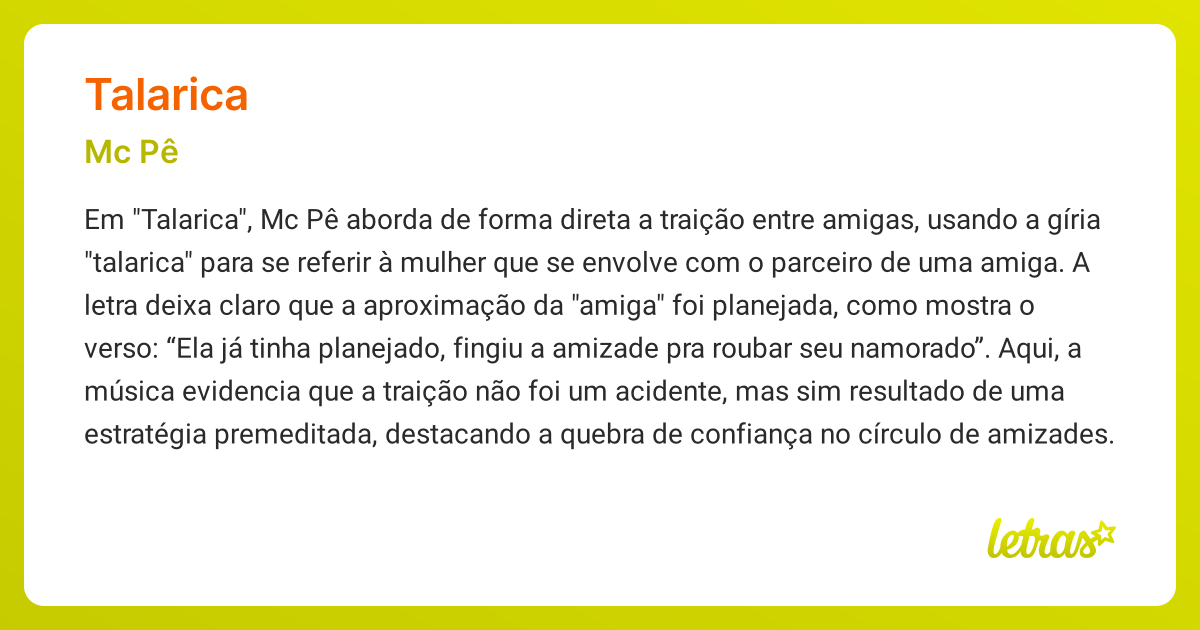 Significado da música TALARICA (Mc Pê) - LETRAS.MUS.BR