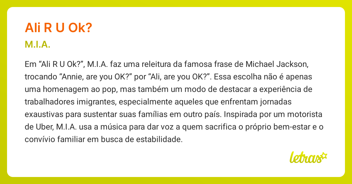 Significado da música ALI R U OK? (M.I.A.) - LETRAS.MUS.BR