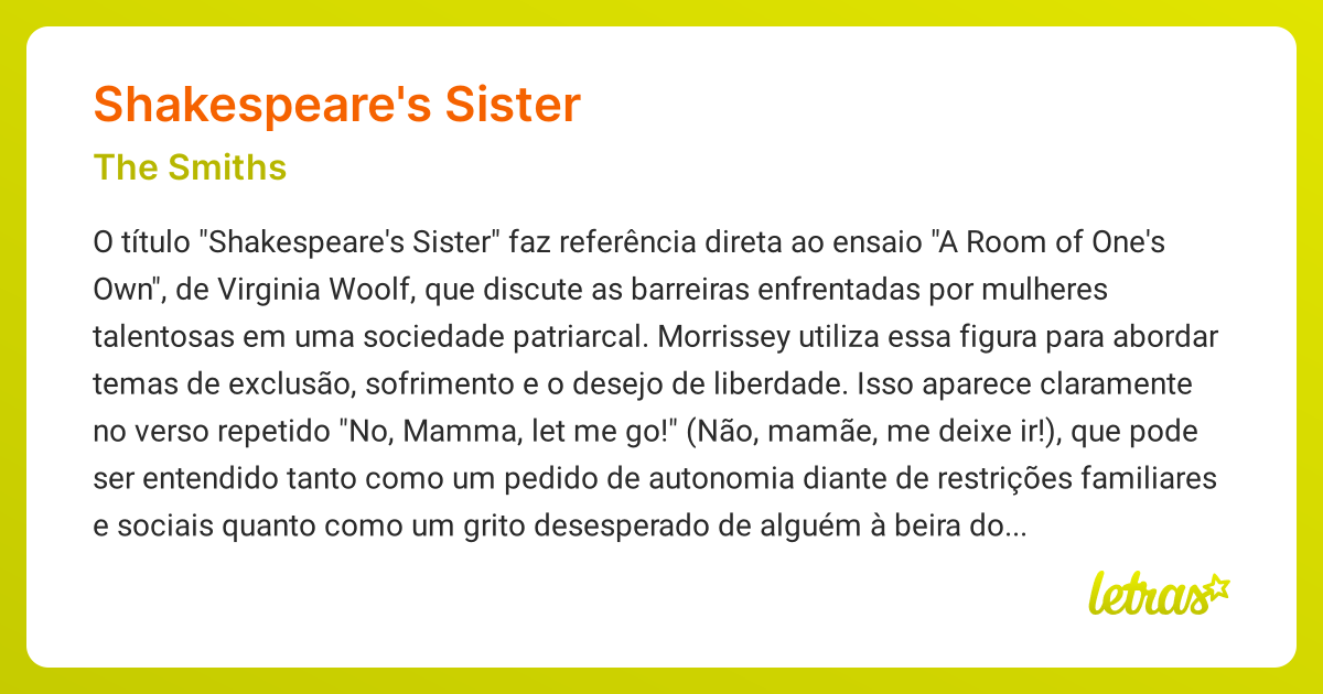 Significado da música SHAKESPEARE'S SISTER (The Smiths) - LETRAS