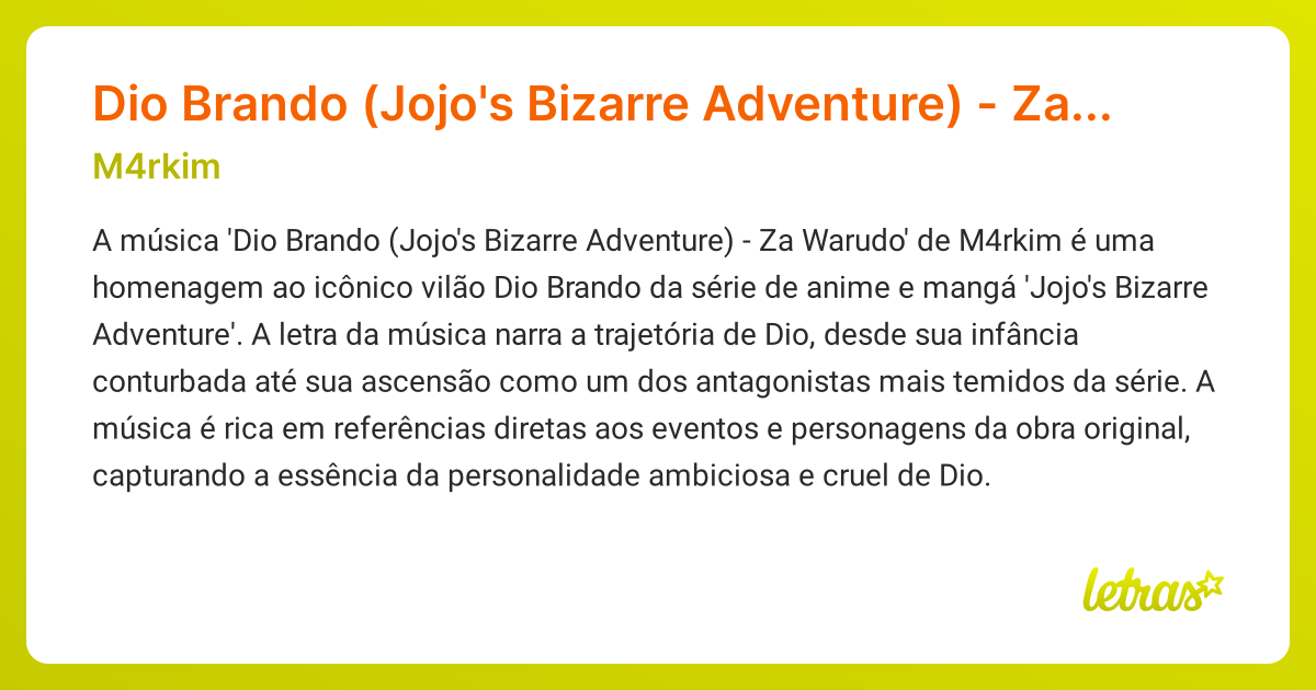 Significado da música Dio Brando (Jojo's Bizarre Adventure) - Za Warudo ...