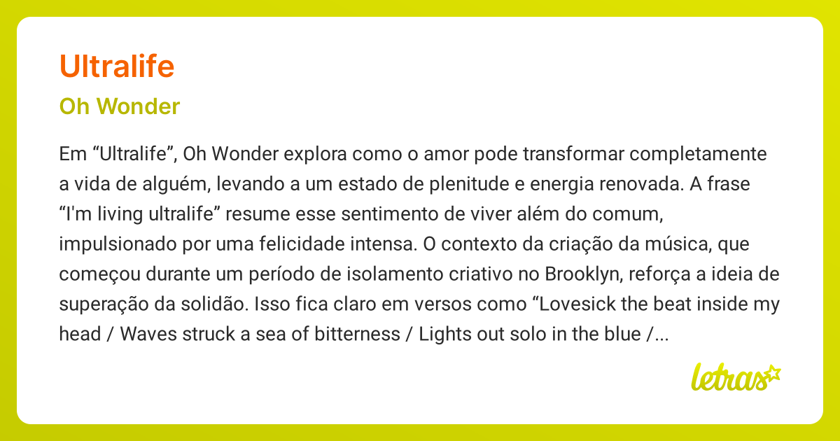 Significado da música ULTRALIFE (Oh Wonder) - LETRAS.MUS.BR