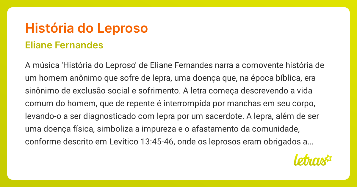 Significado da música HISTÓRIA DO LEPROSO (Eliane Fernandes) - LETRAS ...