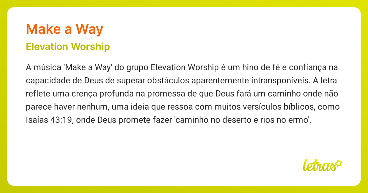 Significado da música MAKE A WAY (Elevation Worship) - LETRAS.MUS.BR