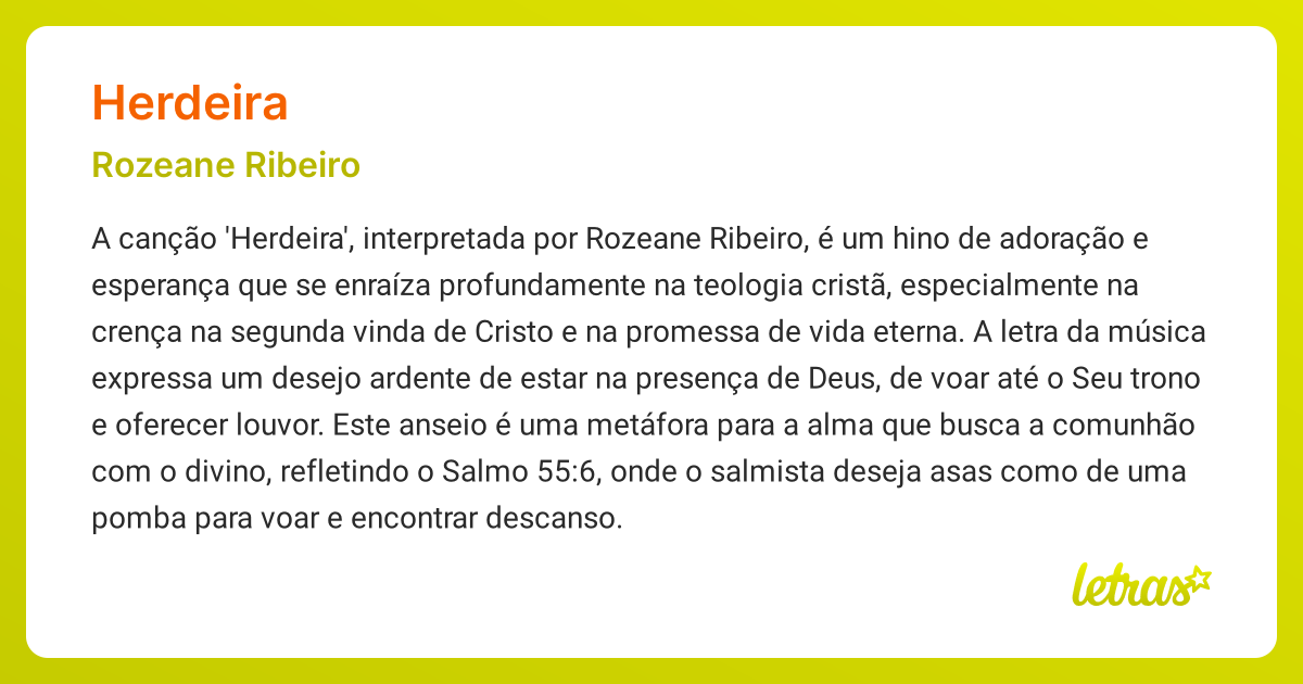 Significado da música HERDEIRA (Rozeane Ribeiro) - LETRAS.MUS.BR