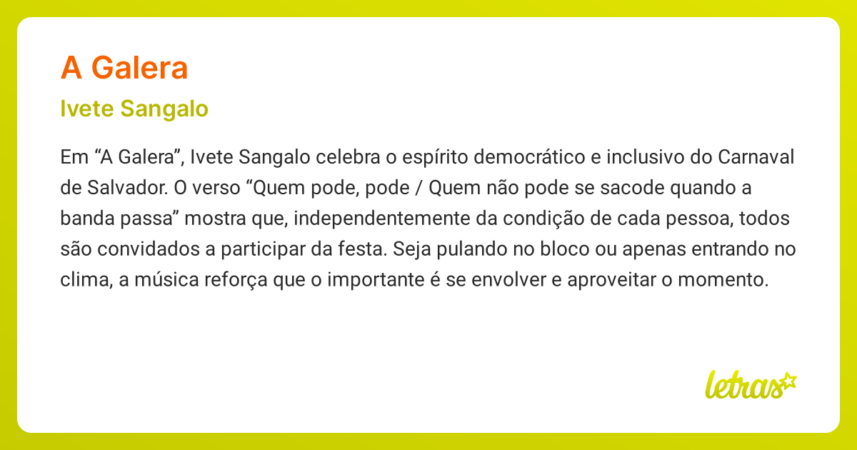 Significado da música A GALERA (Ivete Sangalo) - LETRAS.MUS.BR