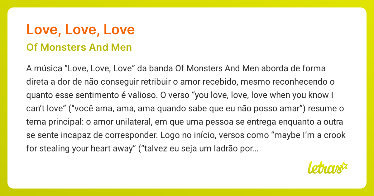 Significado da msica LOVE, LOVE, LOVE (Of Monsters And Men) - LETRAS.MUS.BR