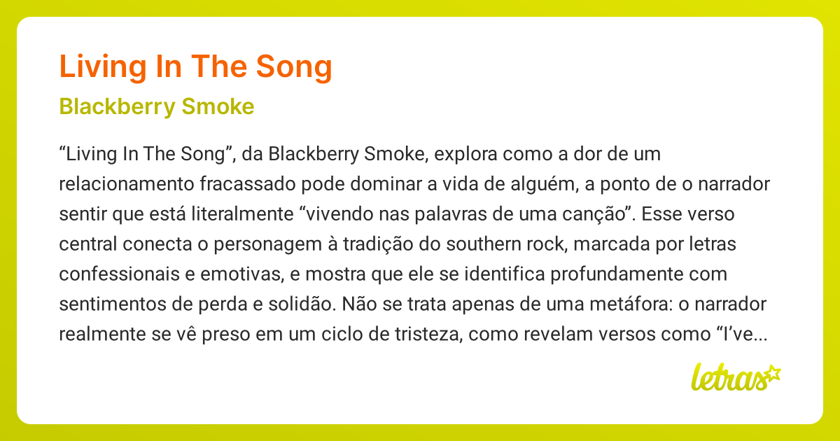 Significado da música LIVING IN THE SONG (Blackberry Smoke) - LETRAS.MUS.BR