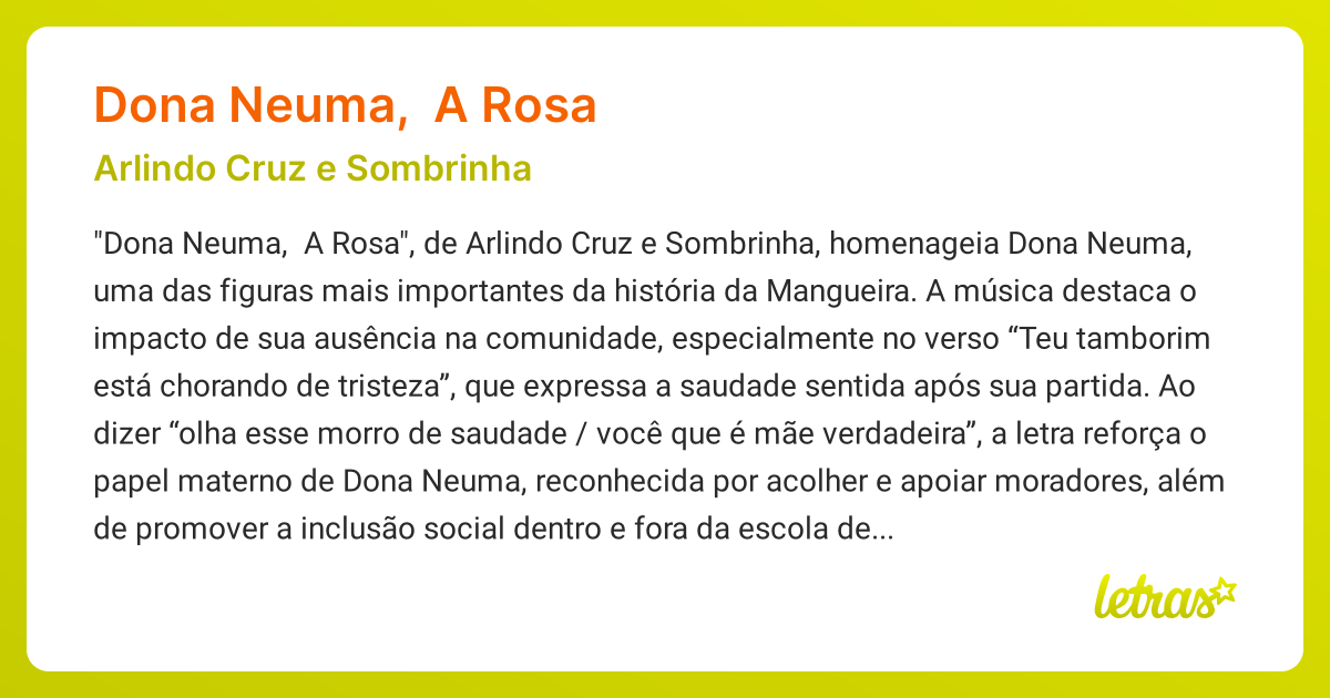 Significado Da Música Dona Neuma A Rosa Arlindo Cruz E Sombrinha 