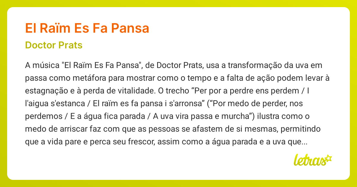 Significado da música EL RAÏM ES FA PANSA (Doctor Prats) - LETRAS.MUS.BR
