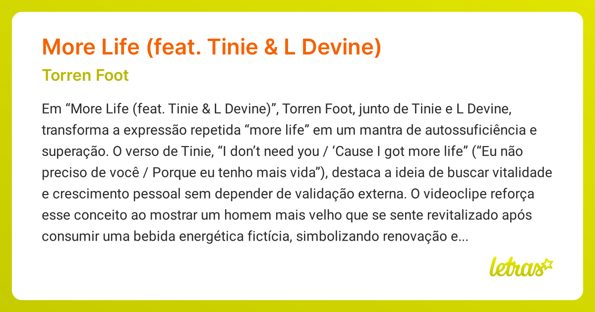 Significado da música More Life (feat. Tinie & L Devine) (Torren Foot ...