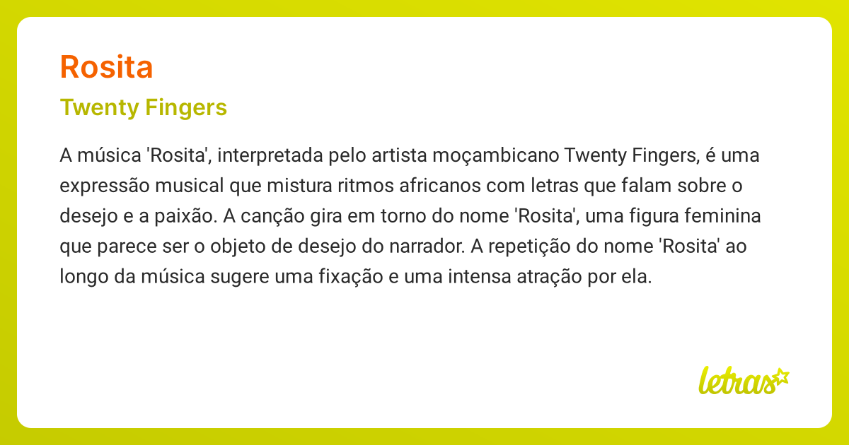 Significado da música ROSITA (Twenty Fingers) - LETRAS.MUS.BR