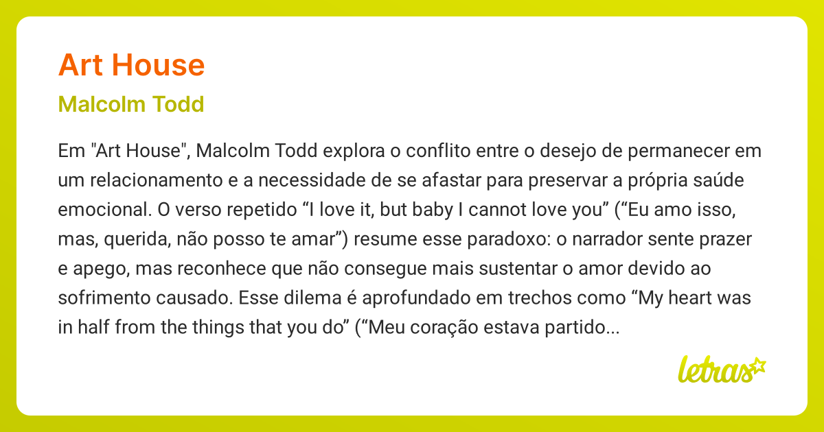 Significado da música ART HOUSE (Malcolm Todd) - LETRAS.MUS.BR