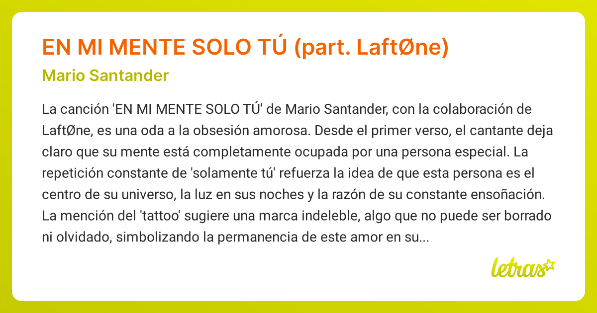 Significado de la canción EN MI MENTE SOLO TÚ (part. LaftØne) (Mario ...