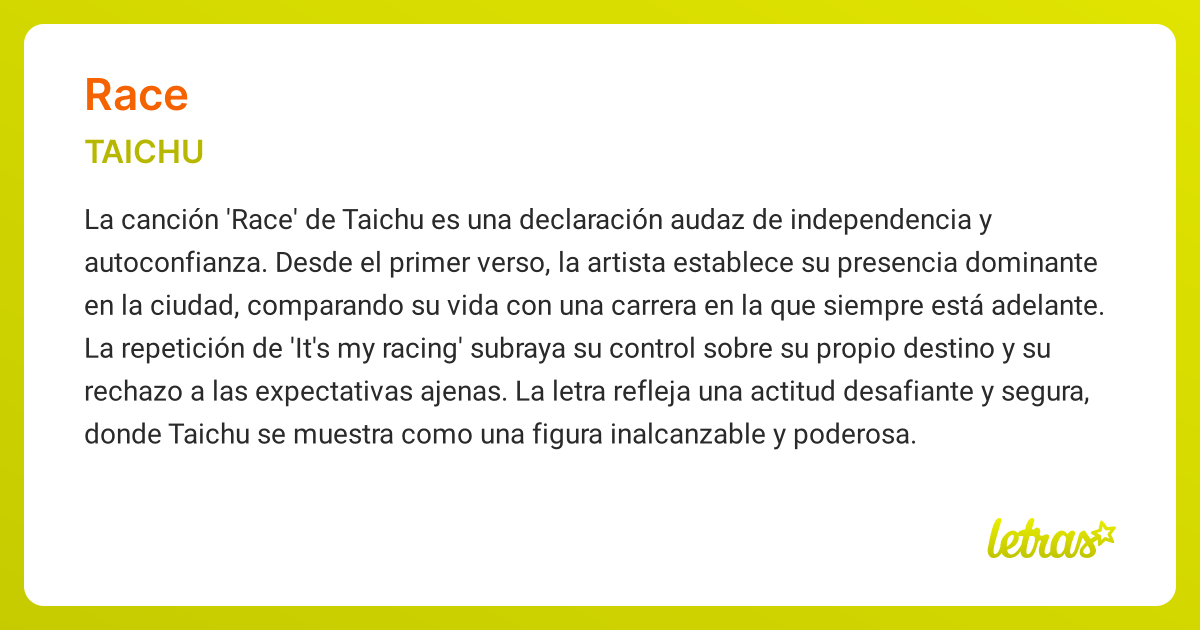 Significado de la canción RACE (TAICHU) - LETRAS.COM