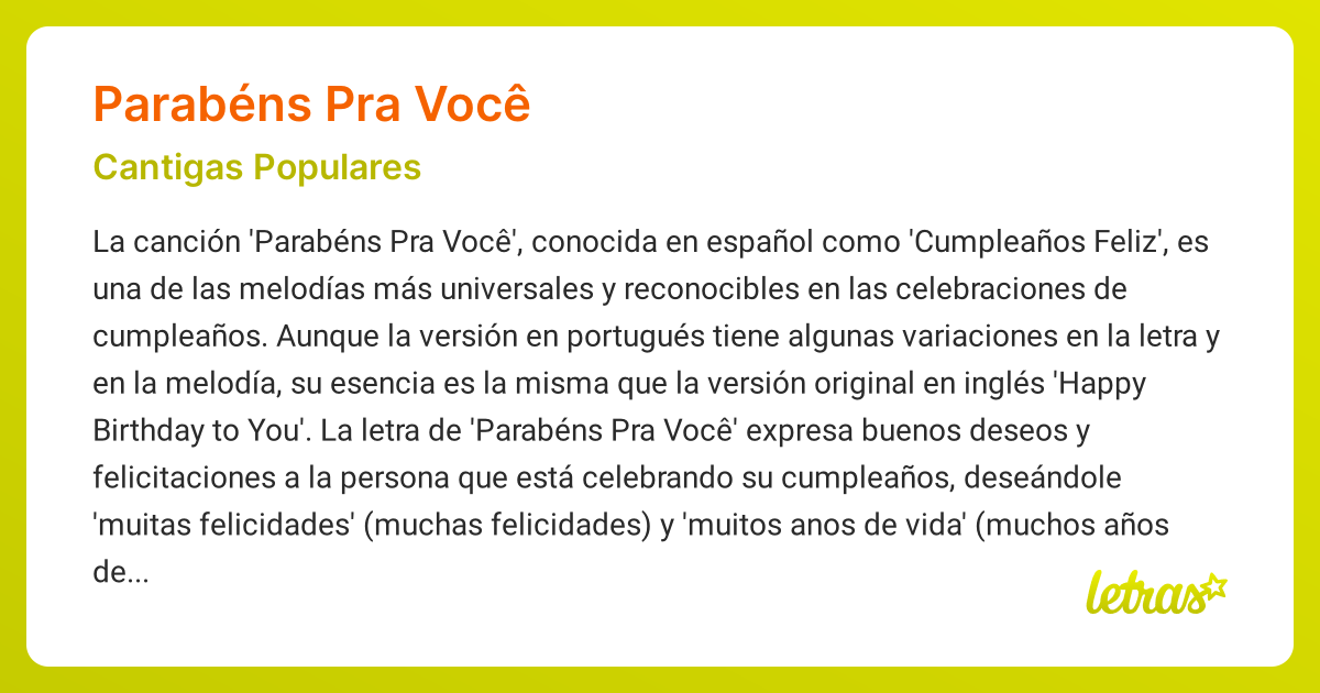 Significado de la canción PARABÉNS PRA VOCÊ (Cantigas Populares ...
