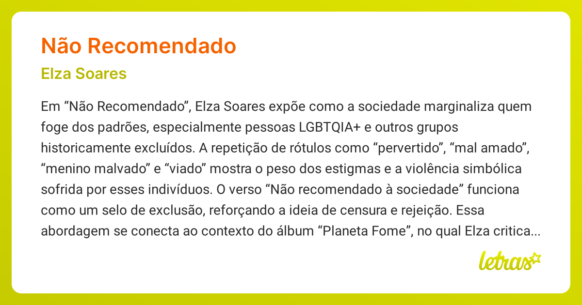 ︎✿nao︎✿ページ✩.*˚ Significado da música NÃO RECOMENDADO (Elza Soares) - LETRAS.MUS.BR