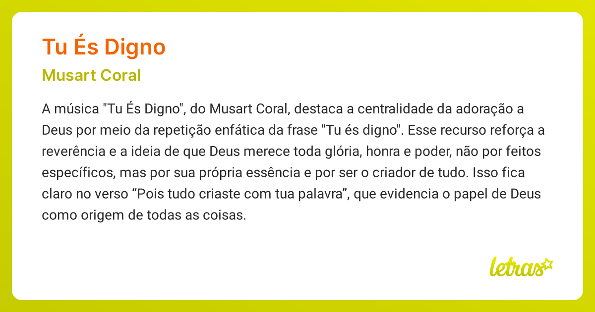 Significado da música TU ÉS DIGNO (Musart Coral) - LETRAS.MUS.BR