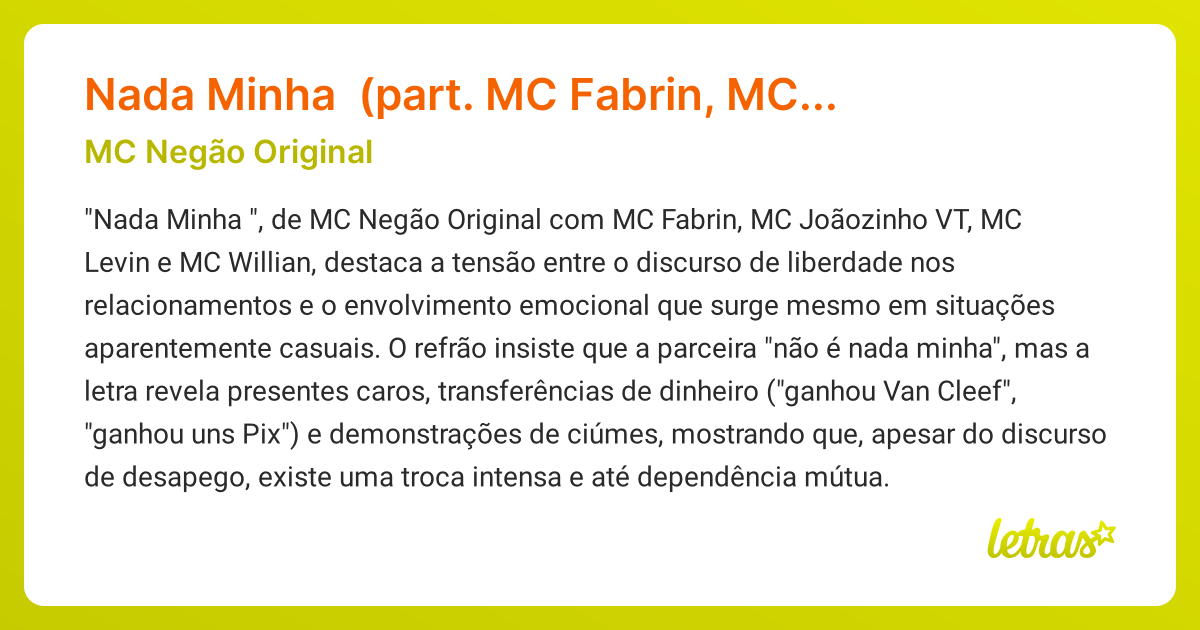 Significado da música Nada Minha 😮‍💨 (part. MC Fabrin, MC Joãozinho VT ...