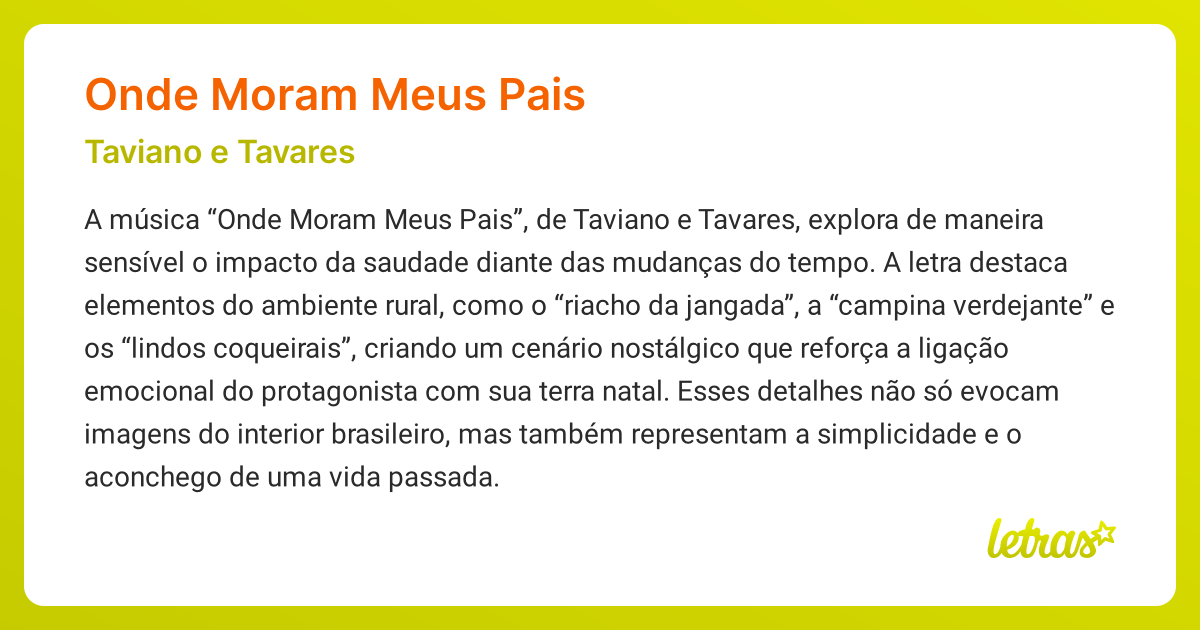 Significado da música ONDE MORAM MEUS PAIS (Taviano e Tavares) - LETRAS ...
