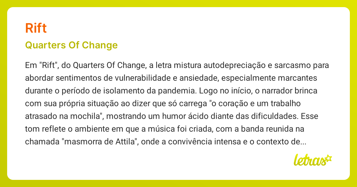 Significado da música RIFT (Quarters Of Change) - LETRAS.MUS.BR