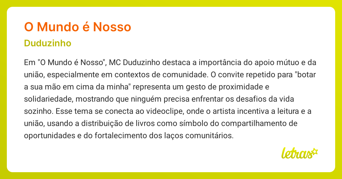 Significado da música O MUNDO É NOSSO (Duduzinho) - LETRAS.MUS.BR