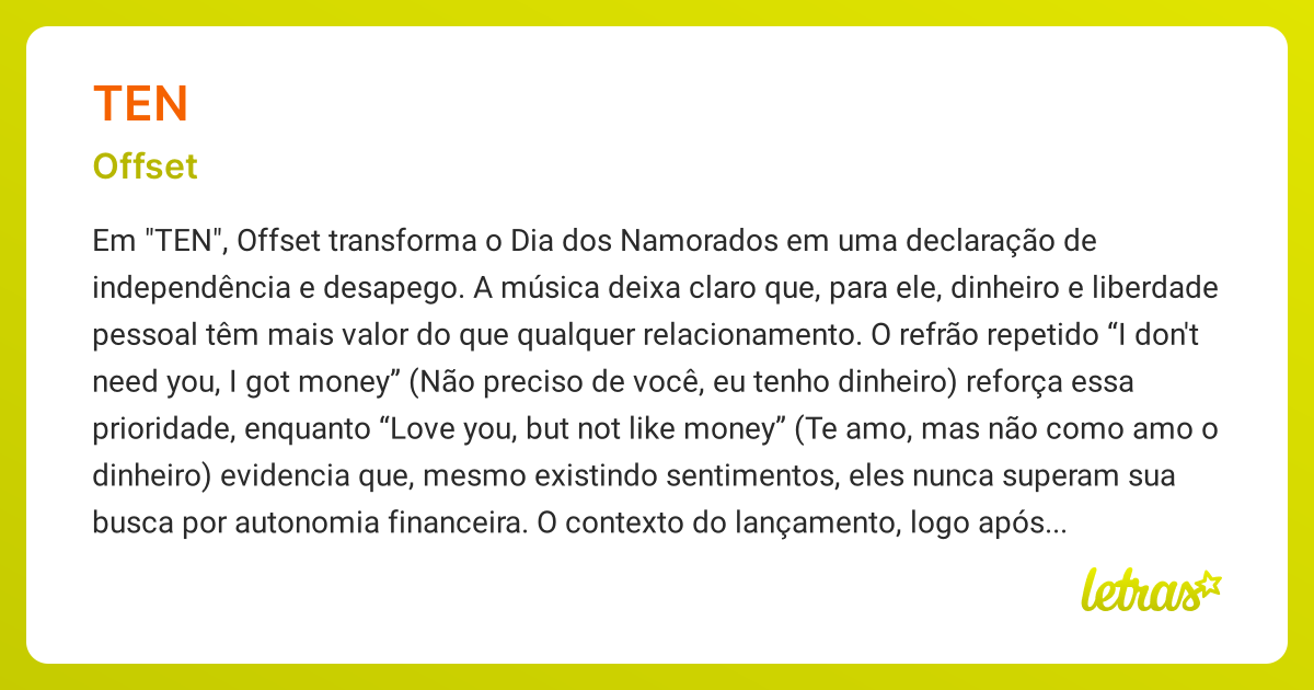 Significado da música TEN (Offset) - LETRAS.MUS.BR