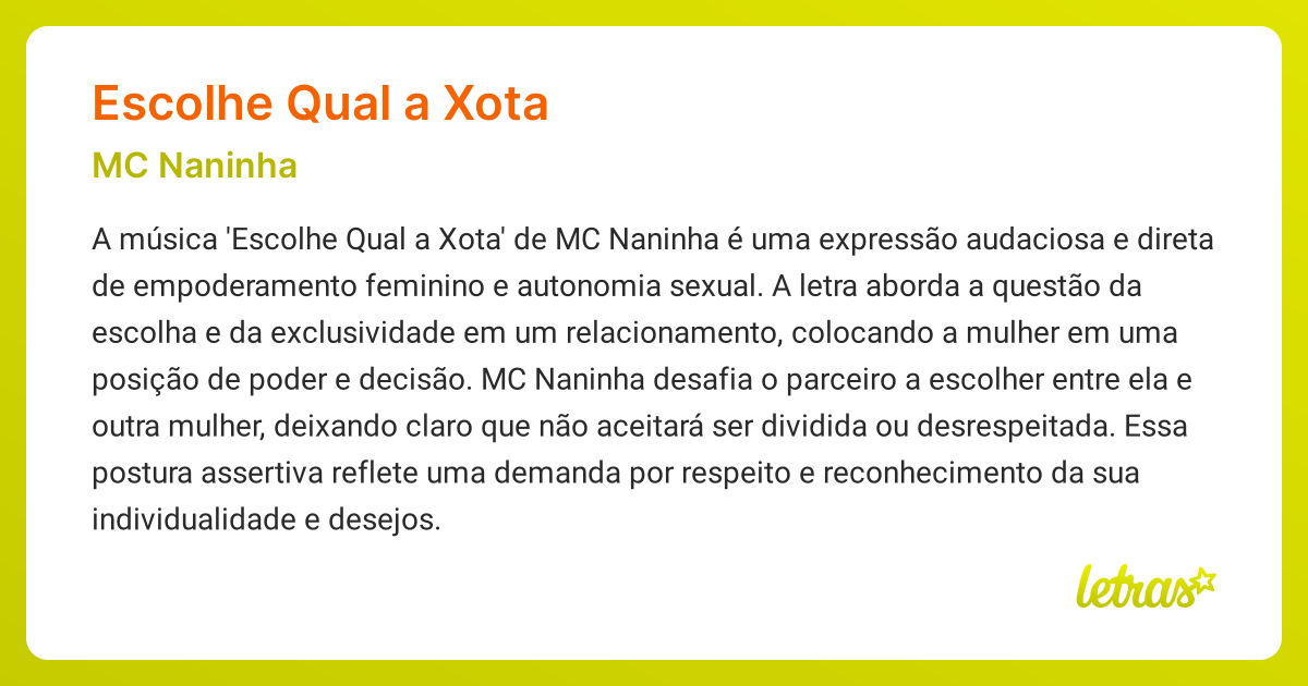 Significado da música ESCOLHE QUAL A XOTA (MC Naninha) - LETRAS.MUS.BR