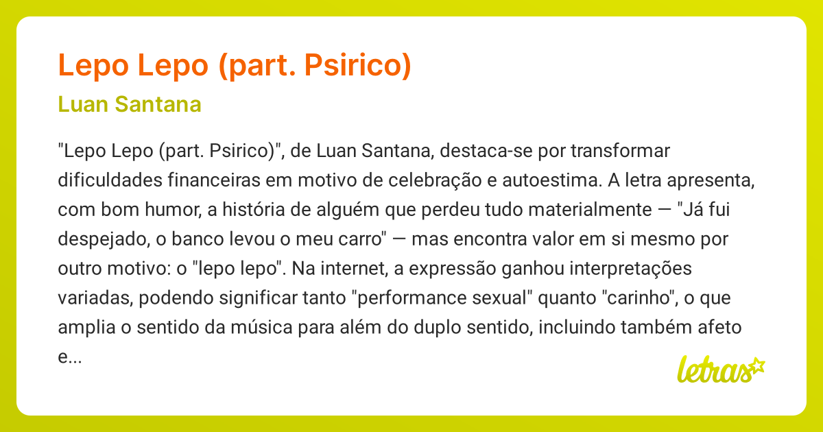 Significado da música LEPO LEPO (PART. PSIRICO) (Luan Santana) - LETRAS ...
