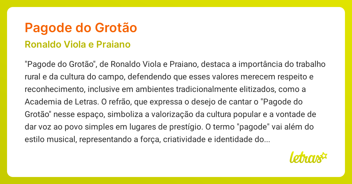 Significado da música PAGODE DO GROTÃO (Ronaldo Viola e Praiano ...
