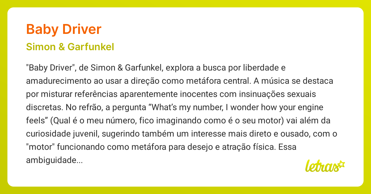 Significado da música BABY DRIVER (Simon & Garfunkel) - LETRAS.MUS.BR