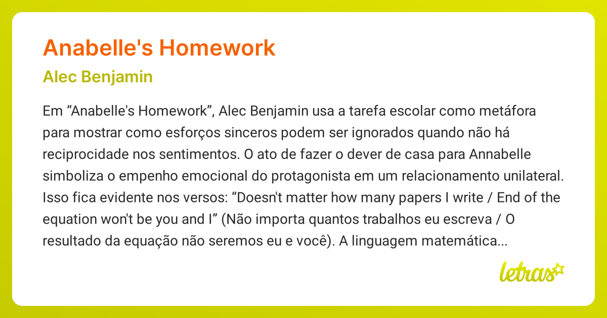 Significado da música ANABELLE'S HOMEWORK (Alec Benjamin) - LETRAS.MUS.BR