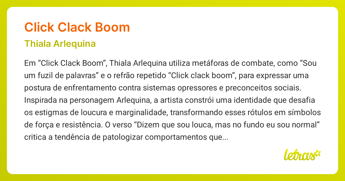 Significado da música CLICK CLACK BOOM (Thiala Arlequina) LETRAS.MUS.BR