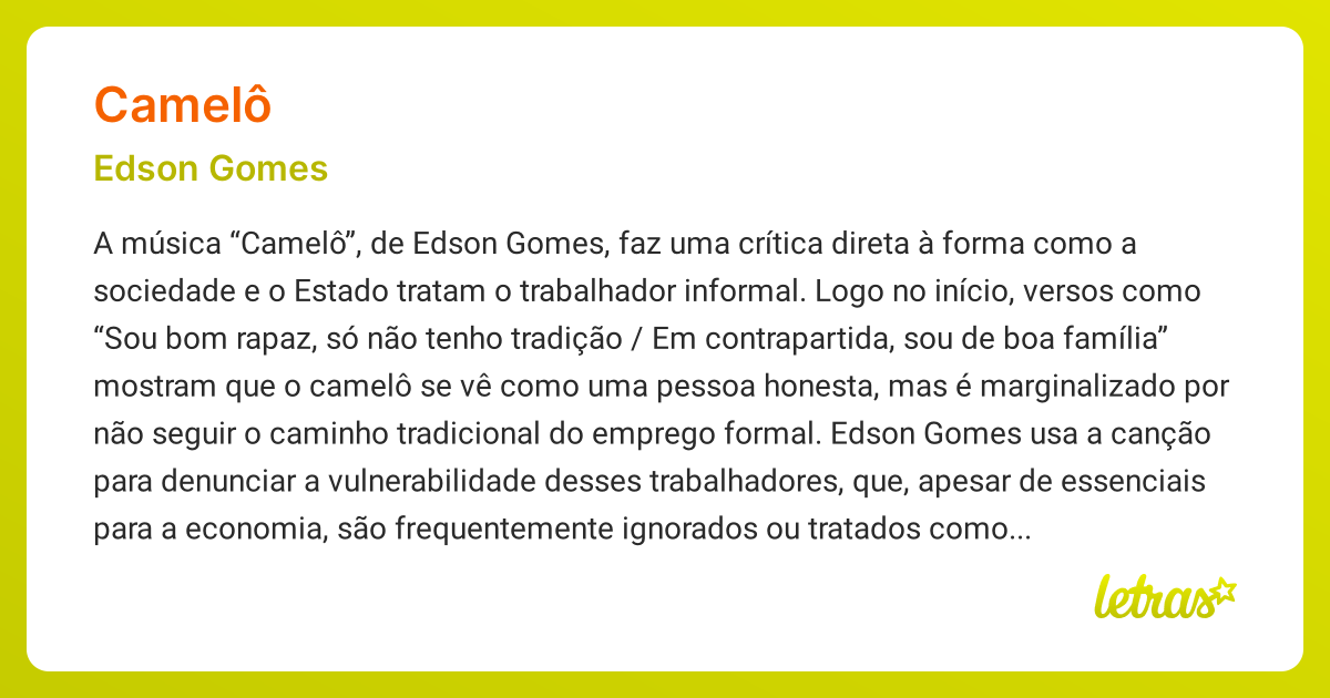 Significado da música CAMELÔ (Edson Gomes) - LETRAS.MUS.BR